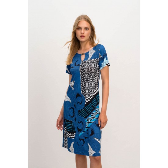 Vamp - Εμπριμέ Φόρεμα με Κοντό Μανίκι blue aegean 16422